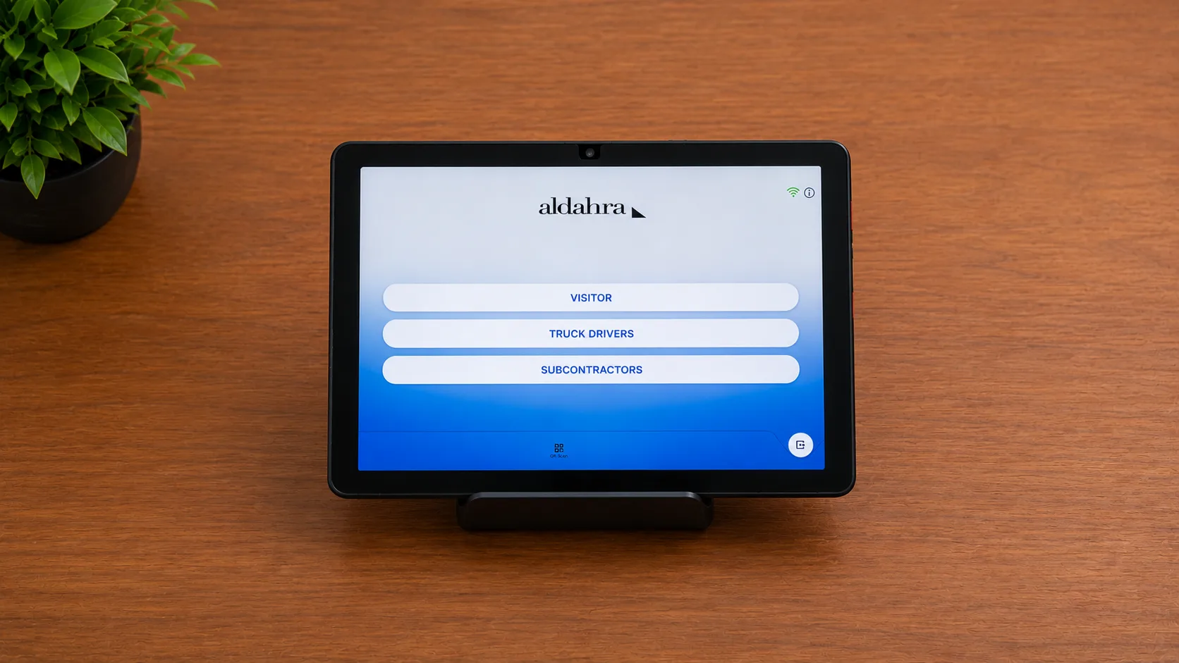 Entry2Exit Android visitor check-in tablet at the Aldahra gate