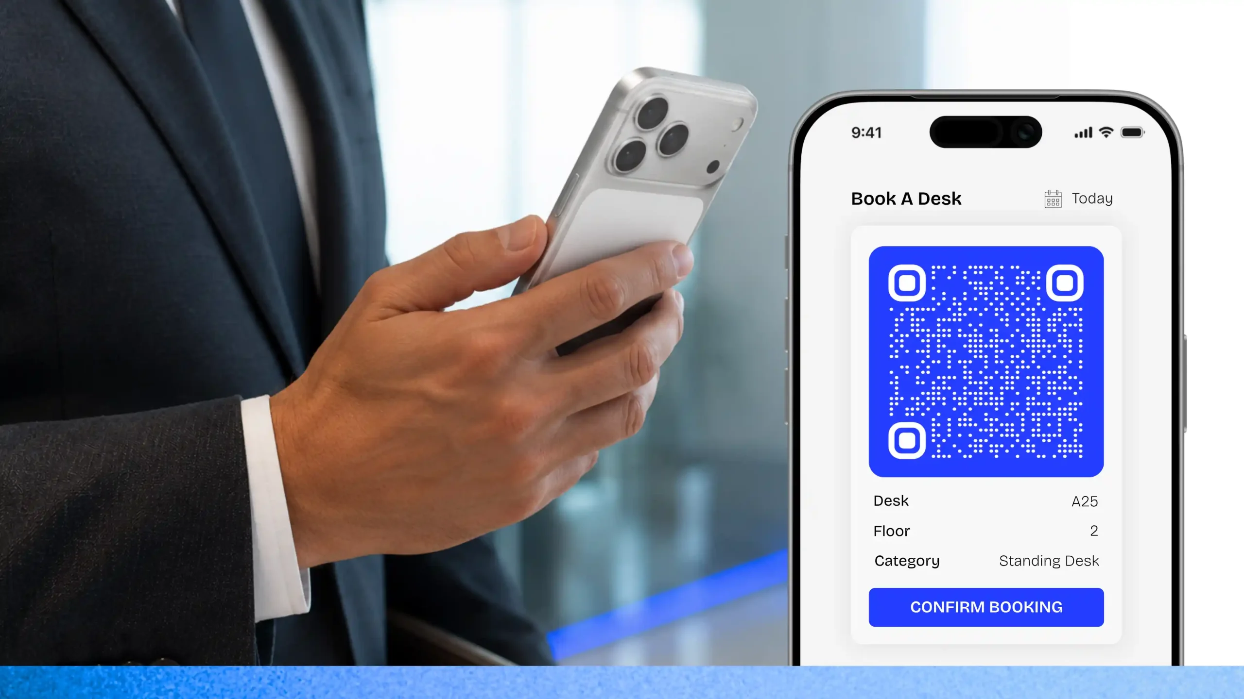 Employee booking a desk on the Entry2Exit mobile app with a QR check-in