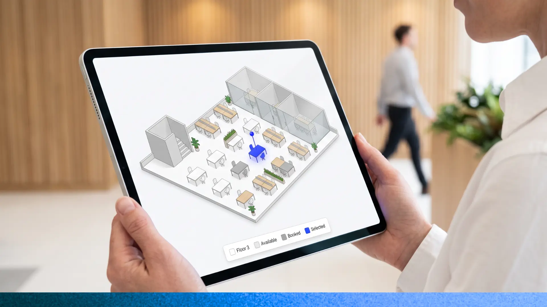 Interactive office floor plan showing colour-coded desk availability