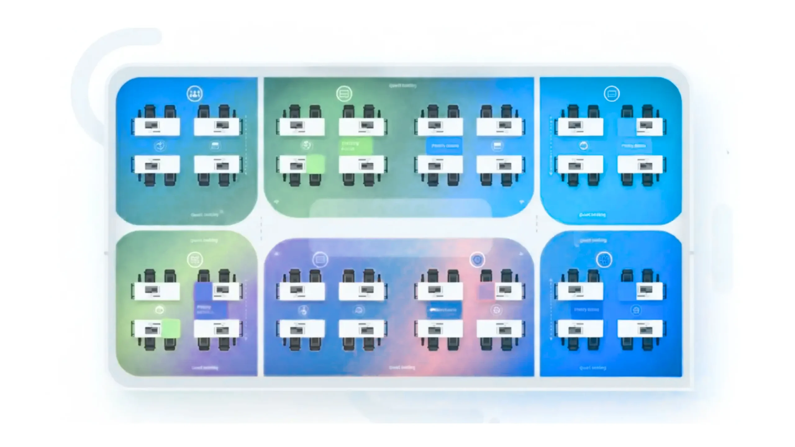 Office desks grouped into team neighborhoods for departments and projects