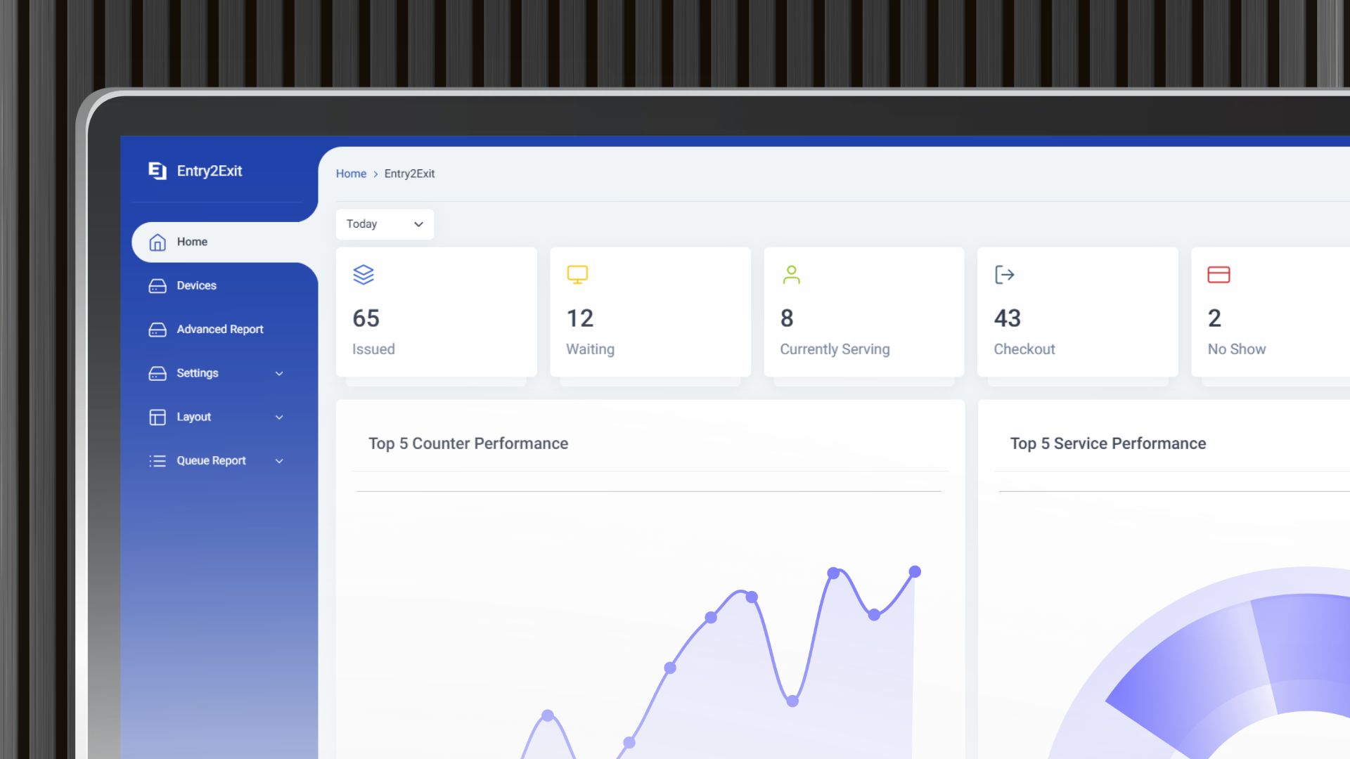 Entry2Exit queue management system dashboard